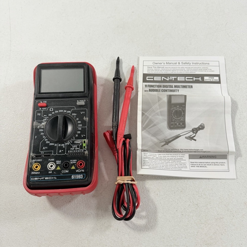 Cen-Tech 61593 11-Function Digital Multimeter W/ Cables Manual & Case TESTED